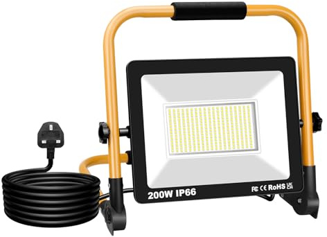 RIGIDON 200W 20000LM Portable LED Work Light with 3M Cord, Job Site Light | Plug in Folding Floodlight, 6000K, IP66 Waterproof, Outdoor Indoor Construction Lamp for Car Repairing, Workshop, Garage