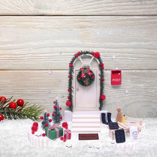 Tadoiooy Wichtel Zubehör,Puppenhaus Zubehör, Weihnachts Elfen Tür Set, 27pcs hölzerne Feen Tür Weihnachtsknnom Tür mit Miniaturbriefboxen Zaunstiefel Kranz für Weihnachtsdekorationen