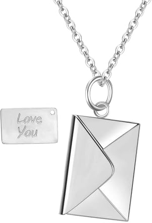 Flongo Liebesbrief Halskette Umschlag Kette: Mit Geschenkbox Paar Liebe Brief Anhänger Liebeskette Edelstahl I love U letter necklace Ich liebe dich Geschenk Damen Herren Mädchen Valentinstag