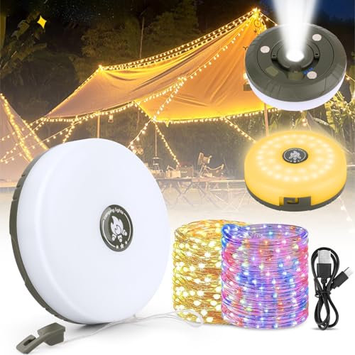 Guirnalda luminosa de camping, lámpara de camping con 10 m de guirnalda luminosa LED, guirnalda luminosa portátil, impermeable, luz de camping al aire libre USB recargable, para dormitorio