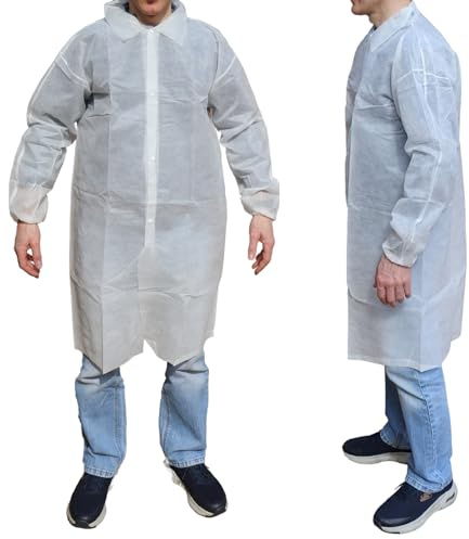 ITEMWIZARD Disposable Protective Visitors Coat, Lab Coat, Food Safety coat also for Messy Jobs, Art, Painting, Cleaning, DIY - White, Medium Size (M), Polypropylene (10)