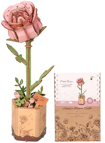 ROBOTIME 3D Holzpuzzle Künstliche Blumen Modellbausätze für Erwachsene zum Bauen, Kreative Wohnkultur, Accessoires Wohnzimmer, Geschenke für Frauen am Valentinstag, Blumenstrauß (Rosa Rosen)