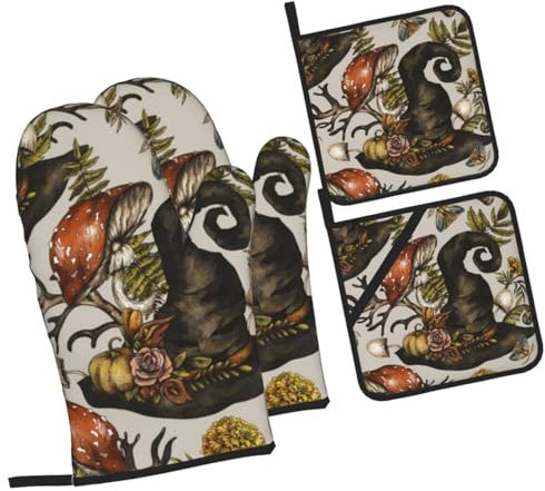 4 Pezzi Set Di Presine Da Cucina Vintage Witch Hat Mushroom Beige Goth Guanti Termoisolanti Antiscivolo Guanti Da Cucina Divertenti Guanti Da Forno Per Cucina, Cuocere, Cucinando