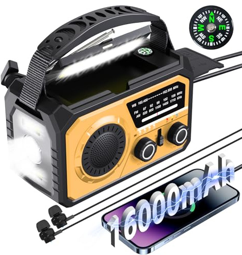 16000mAh Emergency Weather Radio Weather Alarm Hand Crank Solar Radio Portable AM/FM/NOAA Radio Rechargeable Battery Operated Radio 3 Charging Methods SOS Alarm 3 Modes Flashlight