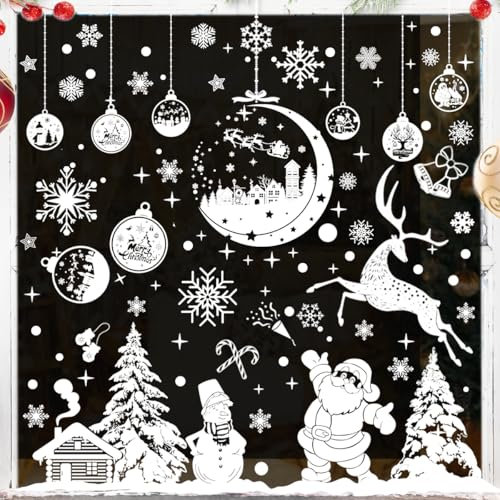260 Stücke Fensterbilder Weihnachten Selbstklebend, Weiße Weihnachtliche Fensterdekoration Weihnachtsmann Elch Schneeflocken Weihnachtsbaum Fensterdeko Wiederverwendbare Weihnachtsfenster Dekorationen