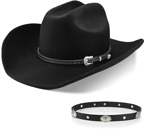 100% Wool Western Cowboy Hat for Men Women Classic Fedora Hat Felt Cowgirls Hats with Two Decorative Bands (US, Alpha, Large, X-Large, Black-A)