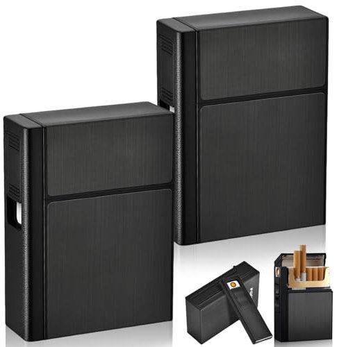 Set med 2 cigarettfodral med tändare: 2-i-1-låda i aluminium med påfyllningsbar elektronisk tändare, svart dispenser