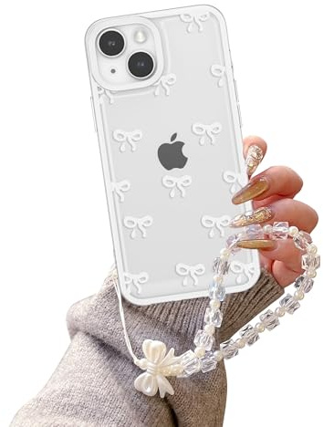 EYZUTAK Case for iPhone 15, Clear Cute Ribbon Bowknot Aesthetic Phone Case with Charm Bracelet Chain Raised Camera Protection Stylish Soft Durable TPU Protective Cover for Women Girls - White