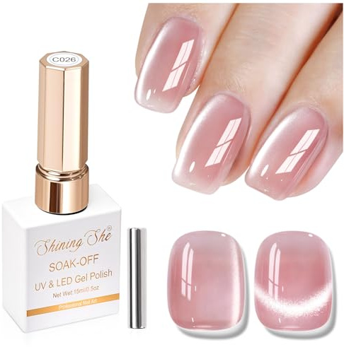 Shining She UV Nagellack Jelly Magnet Cat Eye, 1PCS Jelly Glas Kristalle Transparent Rosa Cat Eye UV Gel Nagellack Soak-Off UV Lack für Nagelstudio Art Salon, 15ML