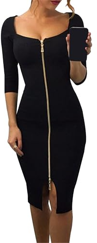 BOFETA Donne Abito Midi da Festa Abiti Casual Manica 3/4 Abito con Cerniera Anteriore Nero 3XL