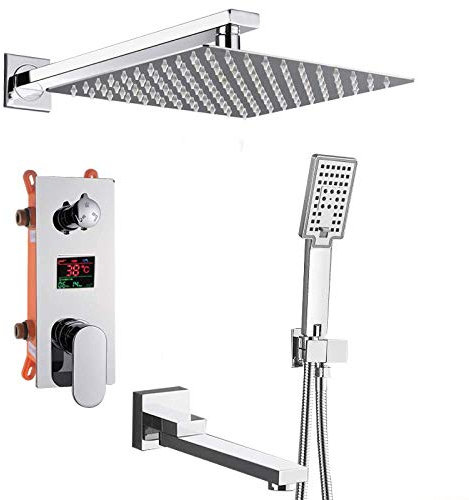 JESMVLPUTD Shower System LCD Digital 3-Way Shower Faucet Set Ultrathin Shower Head with LCD Display Mixer Tap 180 Swivel Tub Spout Bath ShowerSet,16 Inch Set