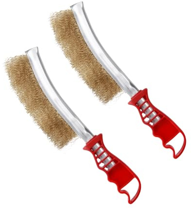 Juego de 2 cepillos de latón para barbacoa, cepillos de alambre de alambre, cepillo de latón para barbacoa de hierro fundido, cepillo de alambre de mano con mango de plástico curvado para la limpieza