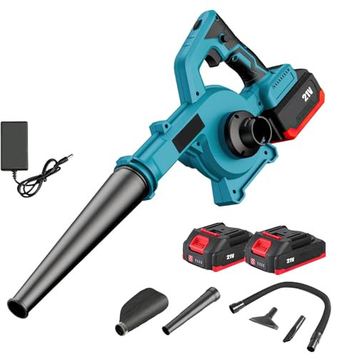 Soffiatore di Foglie 21 V, soffiatore Foglio Batteria 2 × 2,0 Ah, 800 W Motore Brushless, 6 Modalità di Velocità, Soffiatore Giardino san Filo per Pulizia Veloce e Facile Giardini