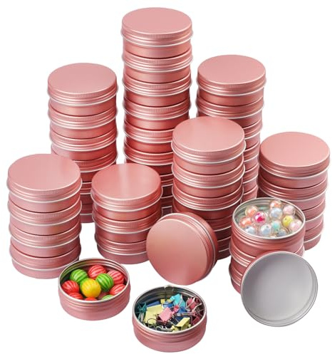 Biugaaufai 44 Pcs 2 Ounce Aluminum Tins with Screw Tops, Round metal tin with Screw Lids, 2 oz Round Cans with Lid for Cosmetics, Lip Balm, Spices, and More(Rose Gold)