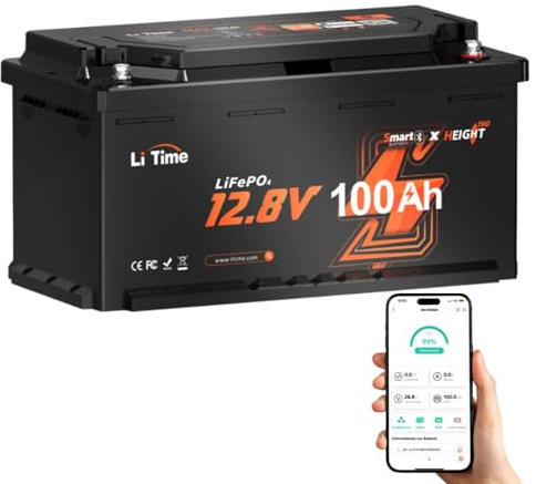 LiTime Bateria Litio 12V 100Ah H190, Batería LiFePO4 12V 100Ah con Bluetooth, 100A BMS y Protección Baja Temperatura, MAX 15000 Ciclos, Autocaravanas DIN H8 L5 GROUP49 Tamaño