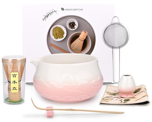 LustLocke Set Te Matcha 7 Piezas, Tradicional Kit Matcha Completo con Cuenco Matcha, Batidor, Cucharilla y Colador, Set Rosa para Matcha Latte, Café con Leche y Ceremonia del Té Japonesa