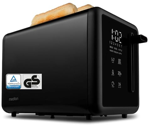 MEDION Toaster 2 Scheiben mit Brötchenaufsatz (7 Bräunungsstufen, 5 Automatikprogramme, 850 Watt, Auftauen, Aufwärmen, LED Sensor Touch Display, Krümelschublade, Edelstahl Matt, MD 12102) schwarz