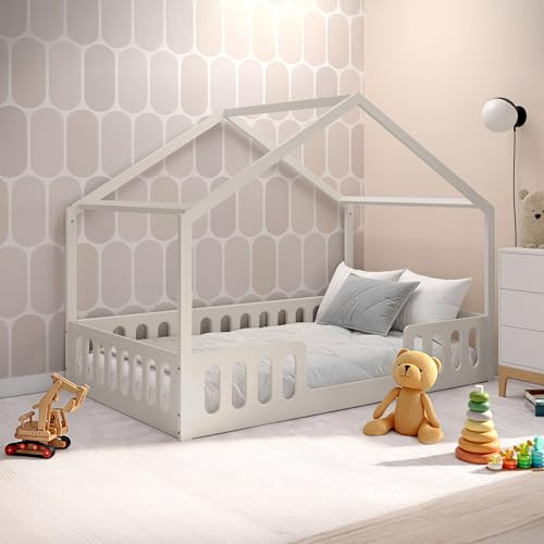 CADANI Janne 2in1 Hausbett 200x120 cm Kaschmir, Flexibler Rausfallschutz abnehmbar, Kinderbett Umbaubar, Montessori Design, Holzbett mit Lattenrost