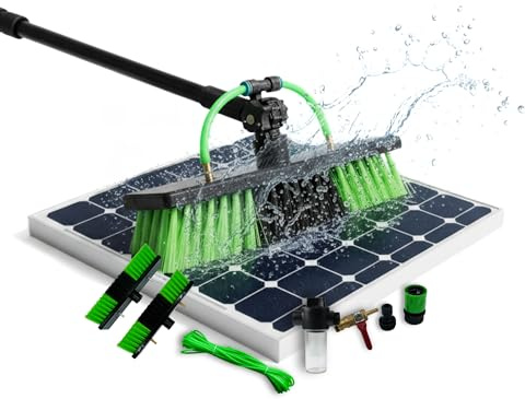 VanFlake Photovoltaik Reinigungsbürste 8,5 m – Teleskop Waschbürste mit Wasseranschluss & 4 Aufsätzen (2X Standard, 2X mit Abzieher & Schwamm) – ideal für PV-Anlagen, Fenster & Wintergärten