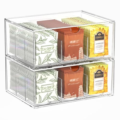 2 Pack Clear Tea Bag Organizer, Stackable Drawer Organizer with Dividers for Pantry Bathroom Vanity Kitchen - Cabinet Countertop Shelf Plastic Storage Bins for Coffee/Makeup/Cosmetic/Crafts/Jewelry