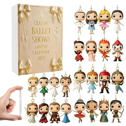 Calendario dell'Avvento 2025 con spettacoli di balletto classico, 24 statuette da collezione di personaggi iconici della danza, conto alla rovescia per le performance festive, elegante calendario