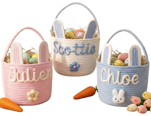 Personalisierter, handgefertigter Osterhasenkorb, benutzerdefinierter Name, Eiersuchkorb für Kinder, gehäkelte Osterkörbe mit Hasenohren und Dekor