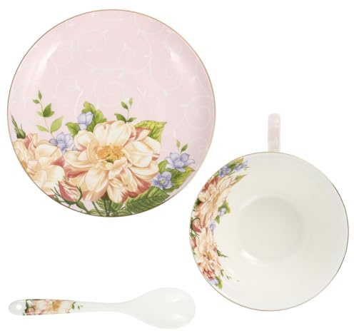 Milisten Ensemble Tasse à Café en Porcelaine Motif Floral Camélia, 1 Tasse 200 Ml, Soucoupe Assortie et Cuillère, Vaisselle Élégante pour Maison, Restaurant et Bureau, Service Café