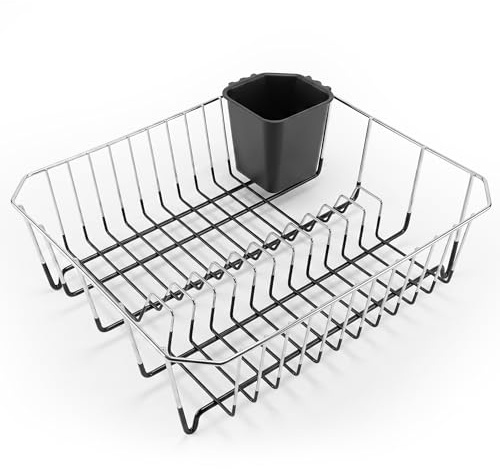 Besto Dish Drainer Rack with Cutlery Holder | Silicone Dipped Chrome Plated Dish Drainer with Plastic Coating | Dish Drying Rack with Non-Scratch Base | Easy to Clean (Black)