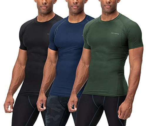 DEVOPS 3 Pack Men's Cool Dry Short Sleeve Compression Shirts, Sports Baselayer T-Shirts Tops, Athletic Workout Shirt (Large, Black/Navy/Olive)