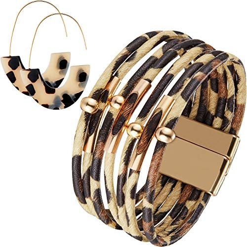 Hicarer Bracciali e Orecchini di Leopardo da Donna Bracciali Ghepardo Orecchini di Tartaruga Bracciali Avvolgenti in Pelle Multistrato Accessori Boho per Polsi Grandi da Donna (Leopardo Beige)