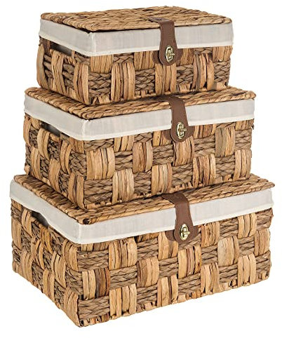 LIVIVO Set of 3 Hand Woven Wicker Storage Baskets with Lock – Decorative Multipurpose Boxes with Lids for Shelves, Toys, Clothes, Towels & Home Organisation – Stackable Indoor & Outdoor Storage