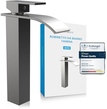 Bächlein Grifo de baño Tamina alto, diseño en cascada, mezclador monomando extra alto, con juego de montaje para lavabo, grifo de baño, en acero inoxidable cepillado