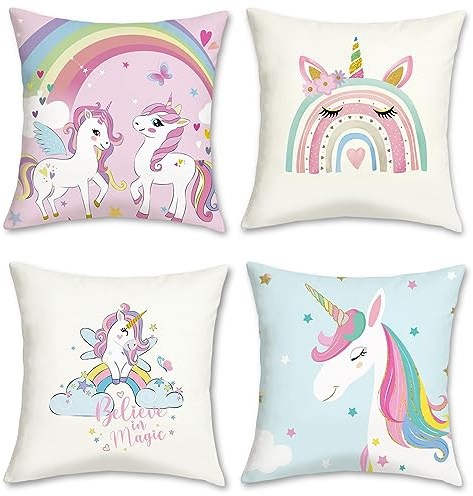 Bonhause Fundas de Cojín Unicornio 45 x 45 cm Funda de Almohada Arcoiris Azul Rosa Terciopelo Suave Cojines Decorativos para Sofá Cama Hogar Habitación de Niñas Infantil Juego de 4