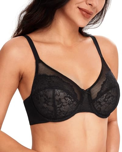 Lemorosy Women's Full Coverage Minimizer Bra Unpadded Underwire Breathable Lace Everyday Underwear(Black,32E)