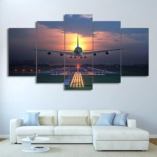 CHTEMKSJ leinwandbilder wohnzimme 5 teilig Flugzeug hebt ab Sonnenuntergang leinwand bilder wandbilder schlafzimmer wandbilder wohnzimmer modern Wanddekoration 100 * 55