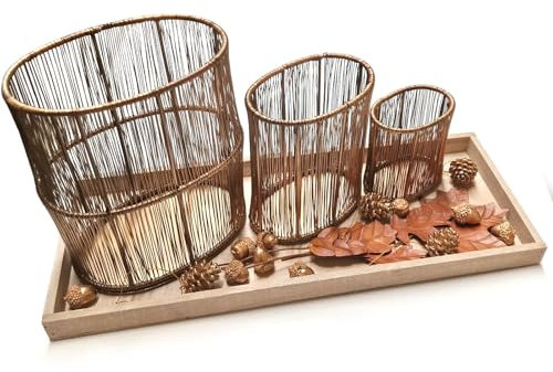 Logbuch-Verlag Set de regalo listo para decoración otoñal con candelabros, hojas y bellotas en una bandeja de madera, color dorado natural, 45 x 18 x 18 cm