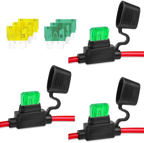 Paquete de 3 portafusibles en línea, 14 AWG, cable marino de cobre estañado con 6 fusibles planos estándar ATC/ATO, portafusibles de cuchilla para coche, camión, ATV, barco, motocicleta