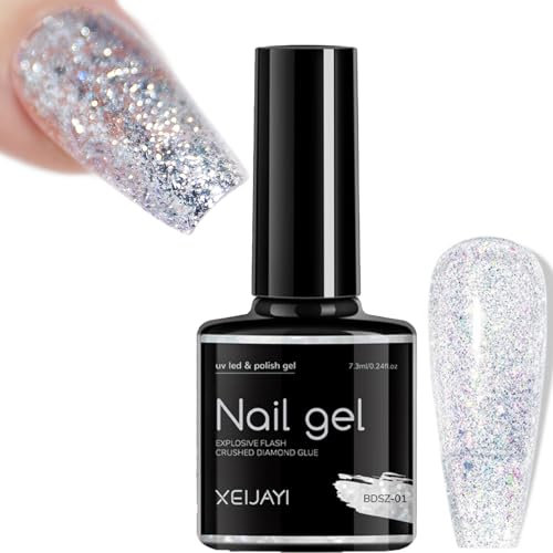 Glitter Silver Gel Nail Polish, White Gel Nail Varnish, Diamond Shiny Shimmer Sparkly Nail Glitter, French Manicure Long Lasting Holographic Soak off LED Lamp Gel Nail Polish for Women DIY Nail Art
