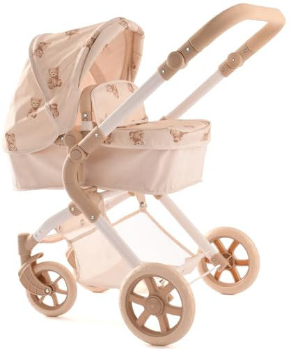 Roma Single Baby Toy Stroller with Lightweight Frame, 2-in-1 Baby Doll Accessories, Adjustable Handle, Carry Cot to Seat Unit, for Ages 3-9, Includes Shopping Basket (Teddy)