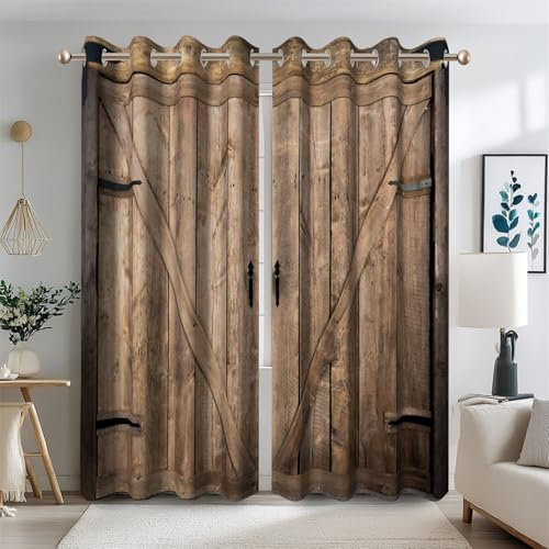 Ttincceer Cortinas de madera para puerta de granero, estilo rústico, vintage, estampado de puerta de granja, tratamiento de ventana de granja, 2 paneles, cortinas opacas con aislamiento térmico para