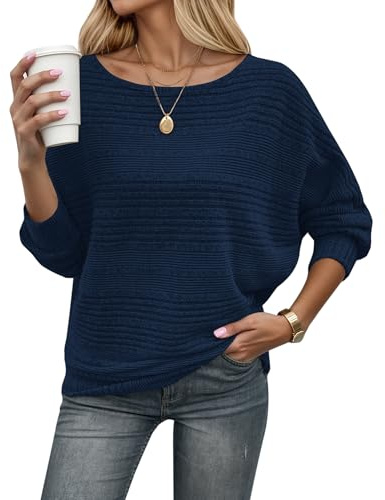 WNEEDU Women's Jumpers Autumn Lightweight Knit Batwing Long Sleeve Tops | Ladies fall winter cozy sweater, boat neck, off the shoulder, casual elegant striped pullover