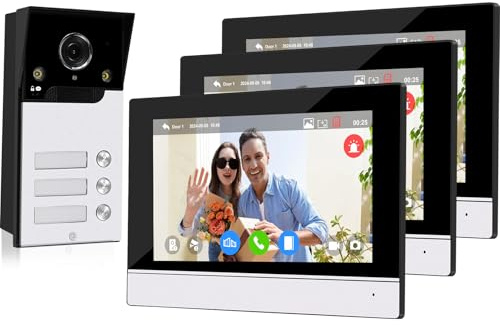 OBO HANDS Tuya Multifamiliare Videocitofono WiFi 4 Fili Kit Smart,7''Monitor Touchscreen con 1080P Campanello Telecamera Esterno Cablata (per 3 Familiare)