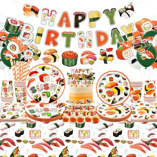 Decoraciones de fiesta de cumpleaños de sushi, incluyendo pancarta de feliz cumpleaños, platos, vasos, servilletas, mantel, linterna de papel, pajitas, para suministros de fiesta temática de sushi