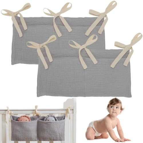 Baby Crib Organiser,2pcs Bedside Hanging Bags,Baby Bed Storage Hanging Bag,Baby Crib Pocket Organizer,Hanging Storage Bag,Crib Storage Pocket,Crib Organizer,Diaper Nursery Organizer,Grey