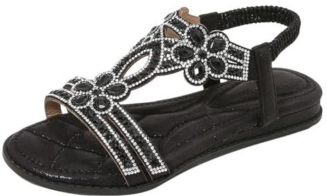 Générique Sandales Femme Été Confortable Chaussures Bohème Bride Élastique Plage Décontracté Talons Bas Ouverts Fleuris