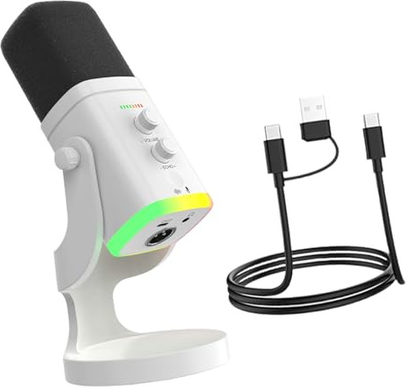 Tsophreniq Microfono USB Compatto con Supporto Flessibile a 360 Gradi e Illuminazione a Colori dinamica per Uso Computer e dispositivi mobili Microfono USB con cancellazione del Rumore