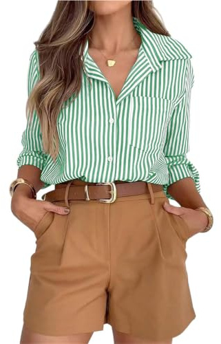 Randig Button Down-skjorta för kvinnor långärmad fickblus för arbete | Avslappnad passform, halsringning, bröstficka, rullbara manschetter, enkel lager, kontor, resor och vardaglig outfit styling