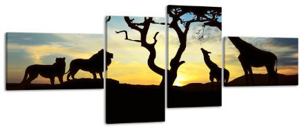 Leinwandbild Afrikanische Schatten LW427 Wandbild, Bild auf Leinwand, 4 Teile, 200x90cm, Kunstdruck Canvas, XXL Bilder, Keilrahmenbild, fertig aufgespannt, Bild, Holzrahmen, Afrika, Giraffe, Löwe,