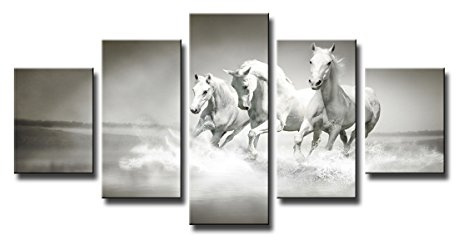 Visario Leinwandbild Pferde 5-teilig 160x80 cm 5549 – Wandbild weiße Pferde galoppieren im Wasser schwarz-weiß, XXL Kunstdruck auf Leinwand mit Holzrahmen, Wanddeko