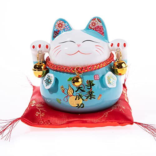 lachineuse – Maneki Neko-Katze – Japanische Glücksspardose – Asiatische Traditionen – Farbe Blau – Porzellan – Japanische asiatische Dekoration und Geschenkidee – Glück, Schutz, Glück, Freude